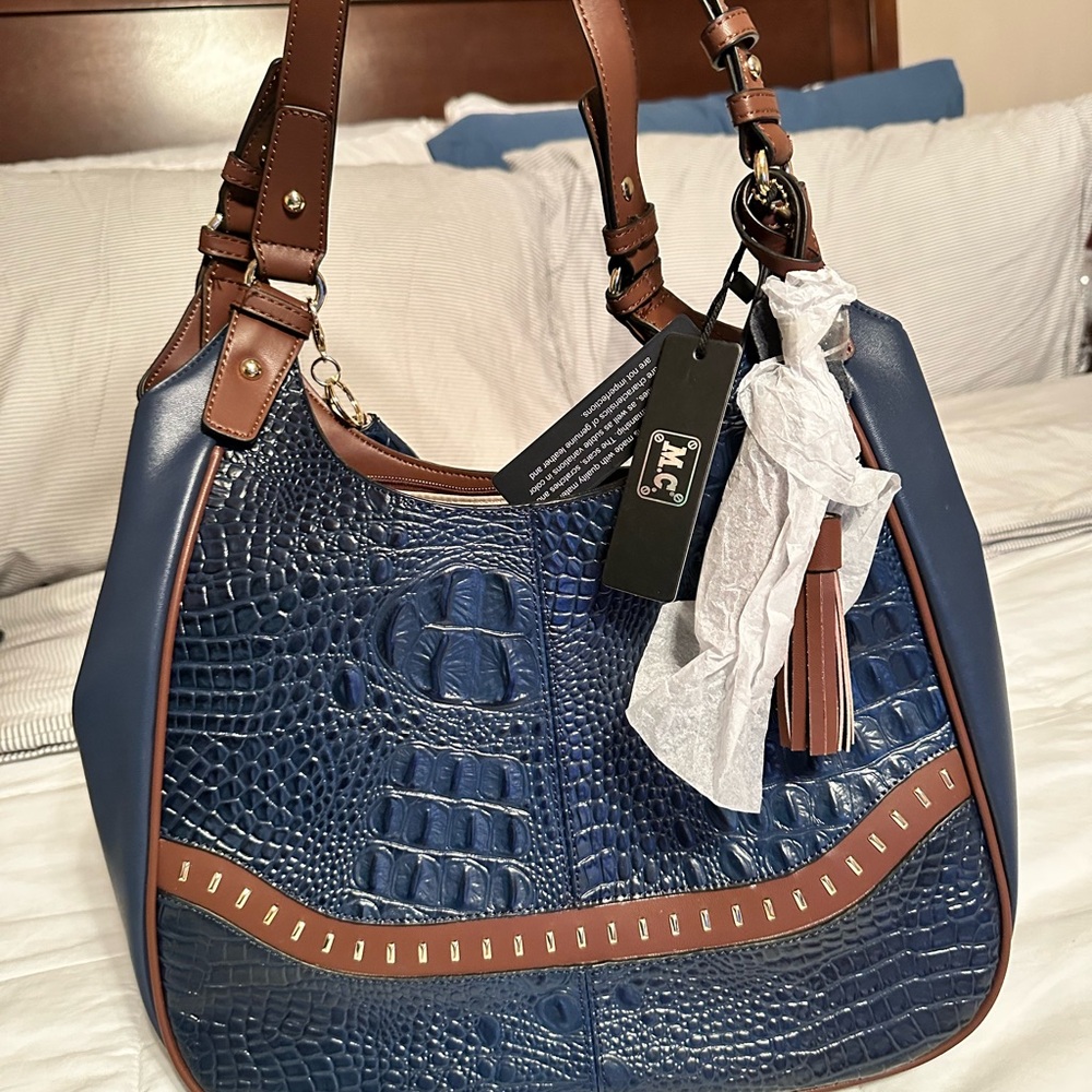 Elegant Blue and Brown Shoulder Bag